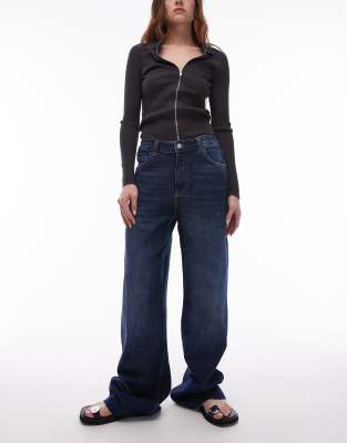 raw hem straight leg jeans in dark blue