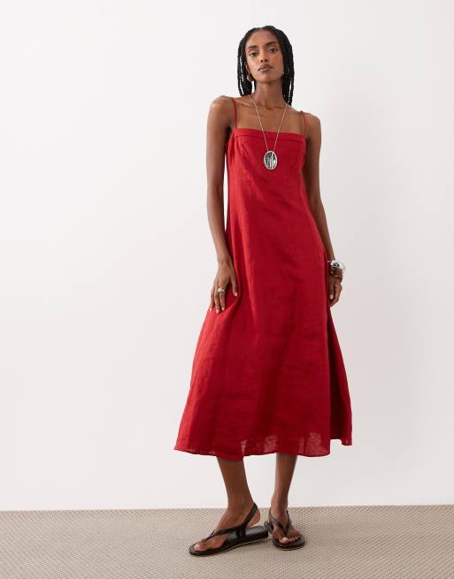 Mango - Rød maxikjole i 100% hør med stropper, 2 af 4