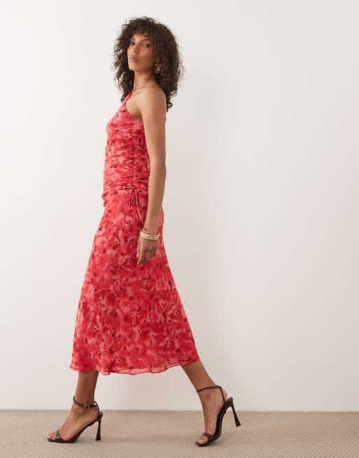 Mango - Rød maxikjole med oneshoulder-snit og rynkede detaljer samt blomstermønster, 2 af 4