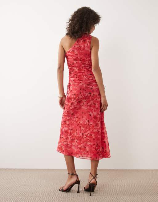 Mango - Rød maxikjole med oneshoulder-snit og rynkede detaljer samt blomstermønster, 4 af 4