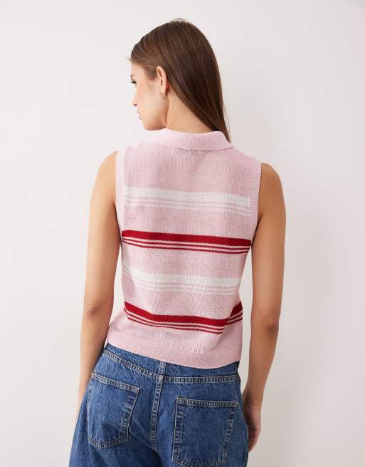 Mango - Rød og lyserød strikket ærmeløs polotop, 3 af 4
