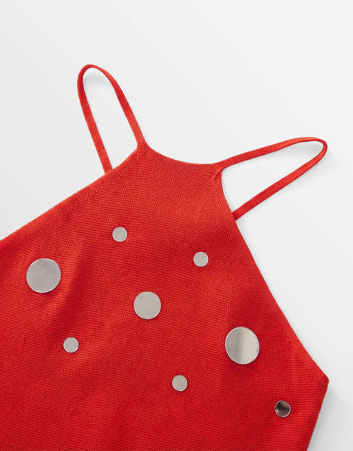 Mango - Rød strikket minikjole med halterneck og skivedetaljer, 8 af 8