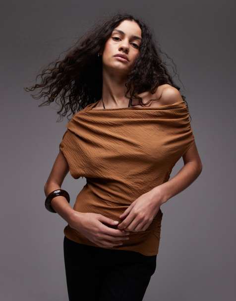 Mango one shoulder ruched top in rust