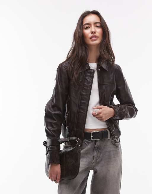 Mango real leather bomber jacket in brown | ASOS