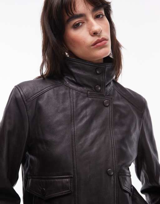 Mango real leather funnel neck jacket in black