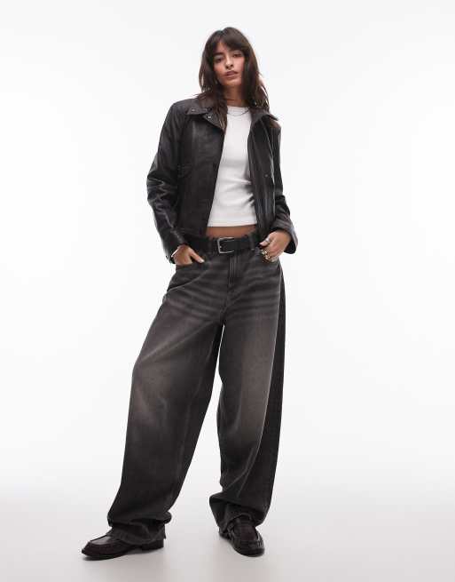 Mango real leather funnel neck jacket in black