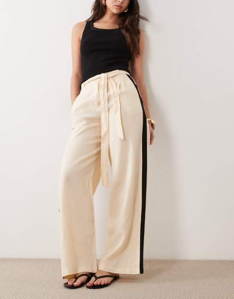 Mango - Rechte broek van 100% linnen met gestrikte taille en zijstreep in lichtbeige - view 1