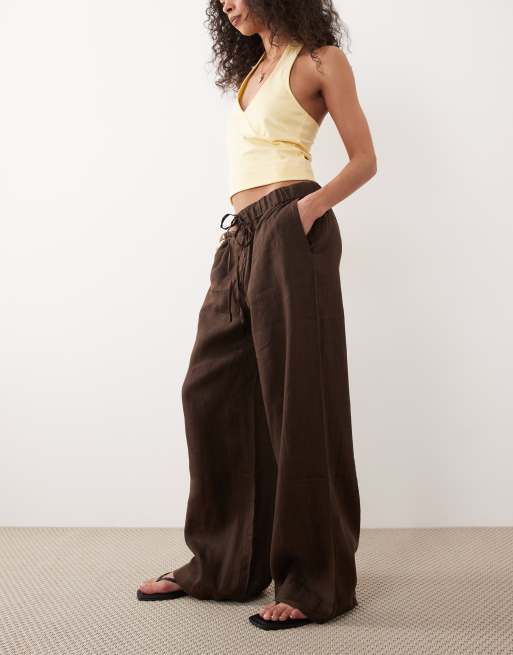 Mango - Rechte broek van 100% linnen met knoopdetail in bruin, 2 van 5