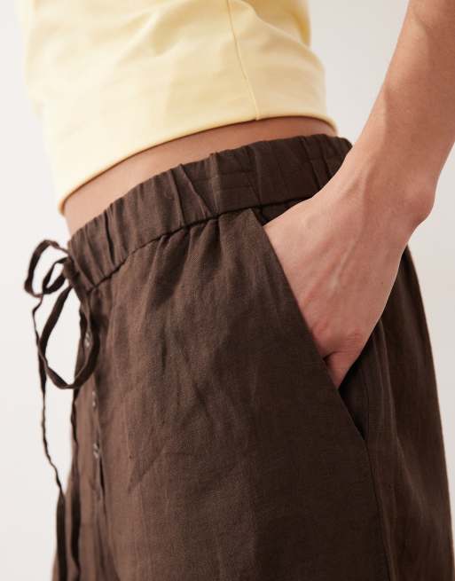 Mango - Rechte broek van 100% linnen met knoopdetail in bruin, 3 van 5