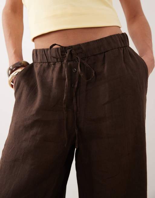 Mango - Rechte broek van 100% linnen met knoopdetail in bruin, 4 van 5