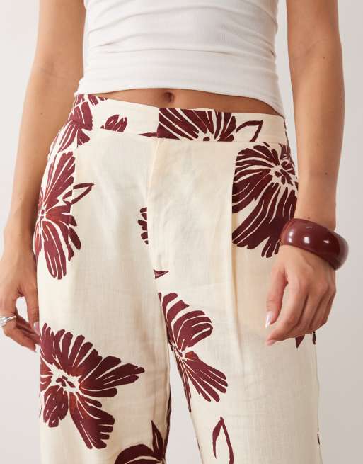 Mango - Rechte broek van katoenmix in beige met bloemenprint, 5 van 5