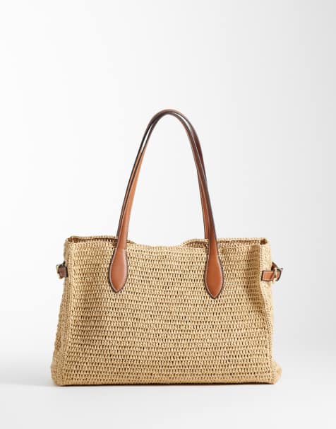 Mango – Rechteckige, verstellbare Schultertasche in Beige mit Webstruktur - view 1