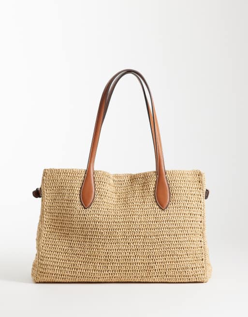 Mango – Rechteckige, verstellbare Schultertasche in Beige mit Webstruktur, 4 von 4