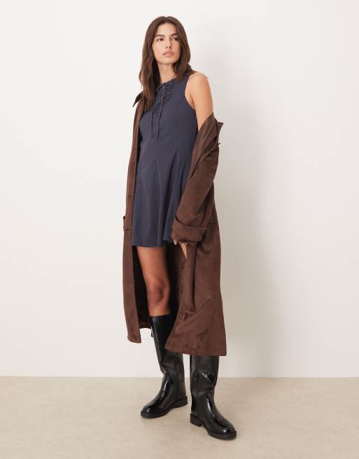 Mango - Rechtvallende, wijduitlopende mini-jurk met strikdetail in blauw, 2 van 4