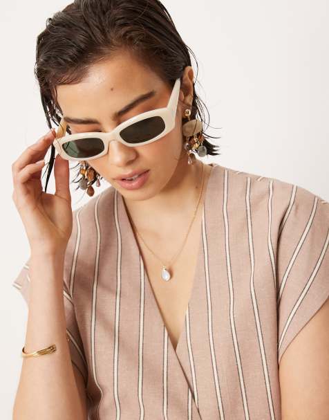Mango rectangular frame sunglasses in cream - view 1