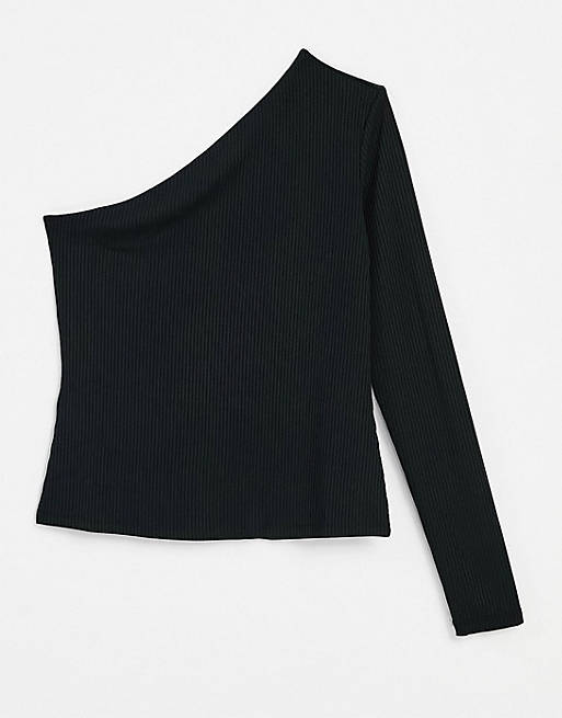 Mango recycled polyester asymetric ribbed t-shirt in black