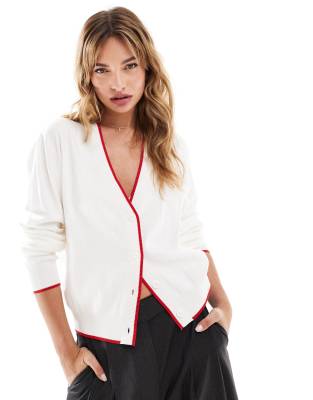 Mango Red Contrast Edge Cardigan In White In White