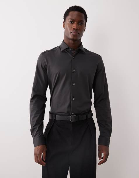 Mango slim fit crease resistant cotton mix shirt in charcoal