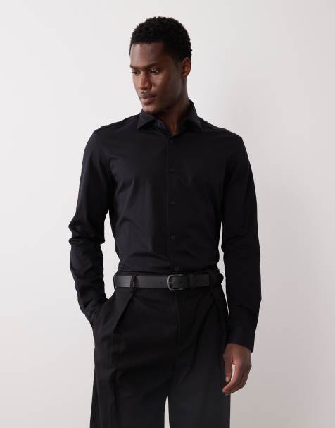 Mango slim fit crease resistant cotton mix shirt in navy