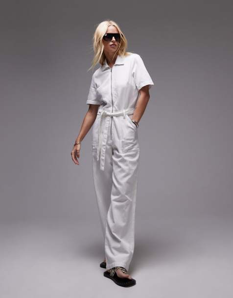 Mango relaxed denim zip through jumpsuit in white - view 1