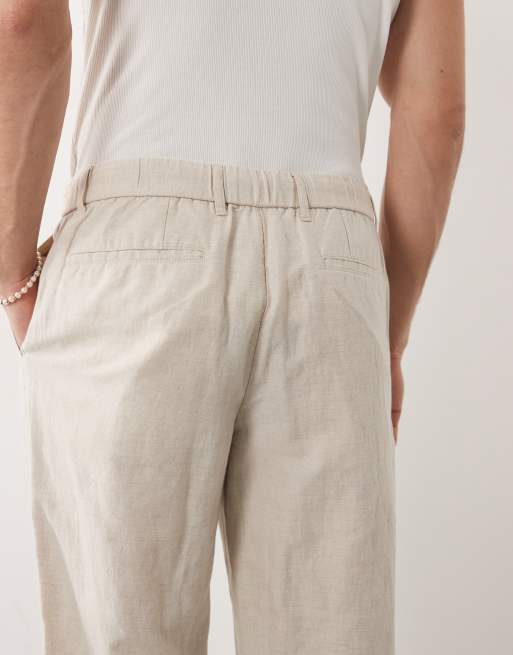 Mango – Relaxed-Fit-Hose aus Leinenmix in Ecru mit elastischem Kordelzugbund , 4 von 9