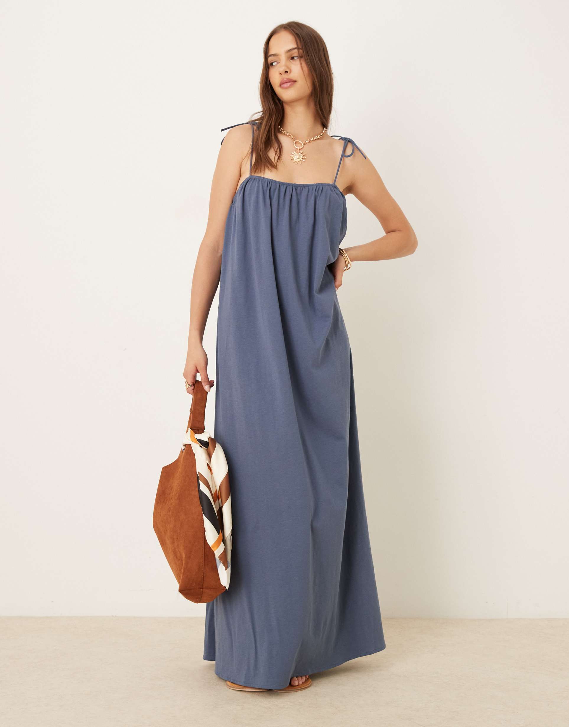 mango relaxed maxi dress with tie strap detail in denim blue