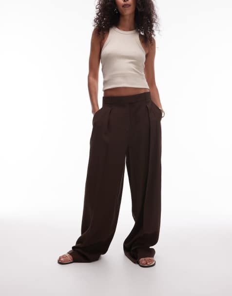 Mango relaxed pintuck tailored pants in chocolate - view 1
