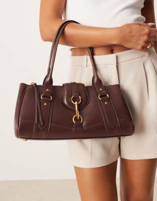Mango Retro Bowler Shoulder Bag With Clasp Detail In Brown
