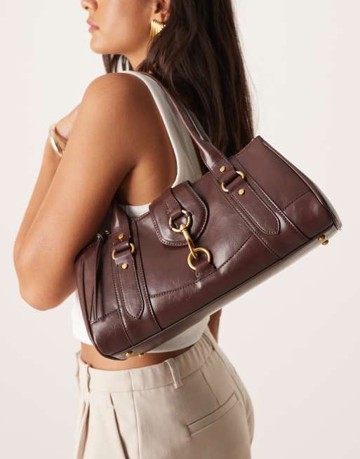 Mango retro bowler shoulder bag with clasp detail in dark brown, 3 of 4
