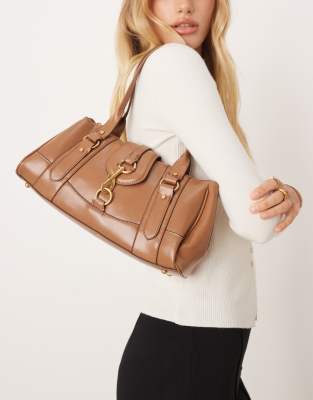 Mango Retro Bowler Shoulder Bag With Clasp Detail In Brown