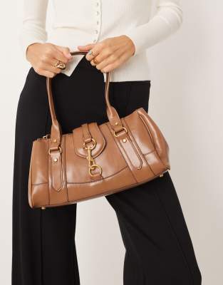 Mango Retro Bowler Shoulder Bag With Clasp Detail In Brown
