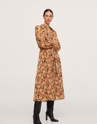 Mango retro floral maxi shirt dress in orange