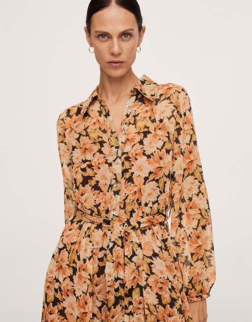 Mango retro floral maxi shirt dress in orange