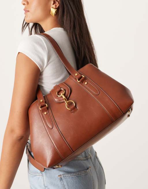 Mango retro handbag with clasp detail in vintage brown