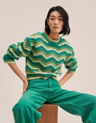 Mango retro knit crochet jumper in green