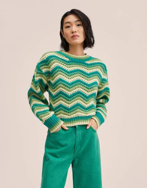 Mango retro knit crochet sweater in green