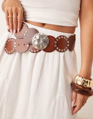 Mango Retro Studded Leather Disc Belt