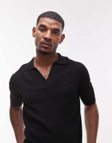 Mango revere collar knitted poloshirt in black - view 1