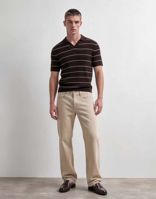 Mango revere collar short sleeve polo top in brown, 9 of 9