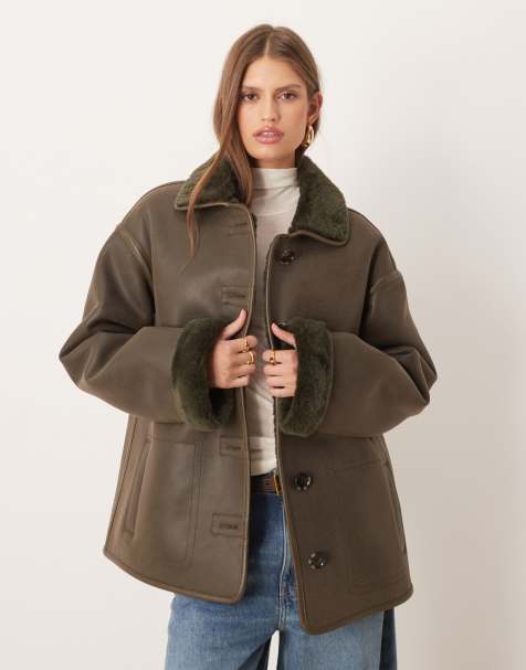 Mango reversible borg jacket in khaki