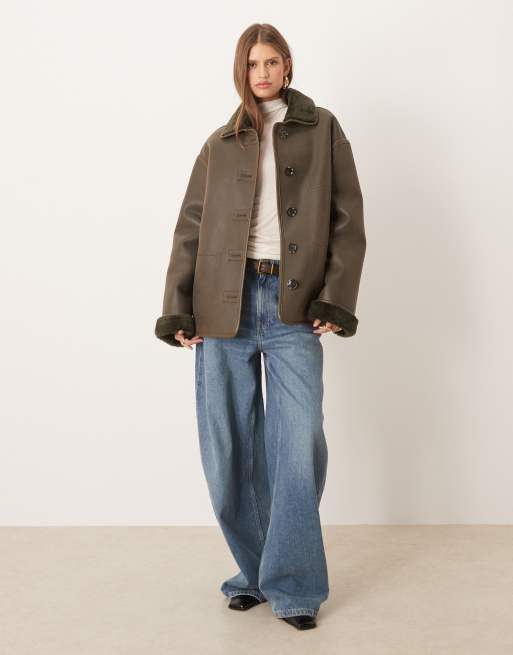 Mango reversible borg jacket in khaki | ASOS