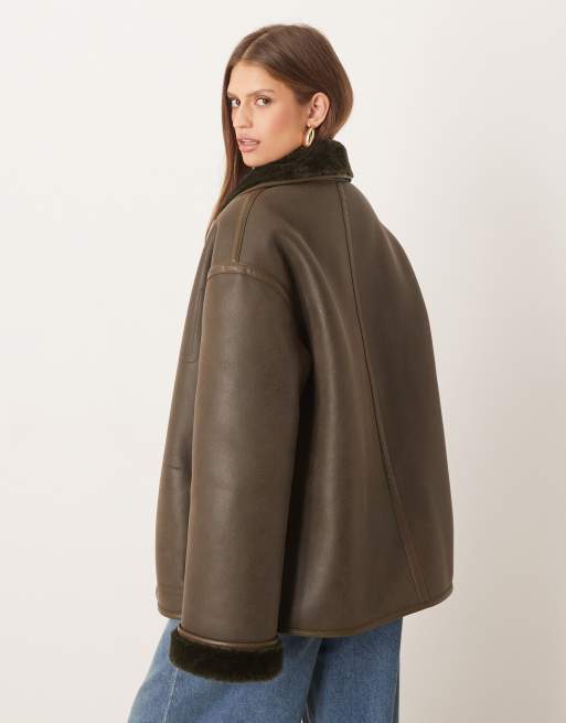 Mango reversible borg jacket in khaki, 3 of 4