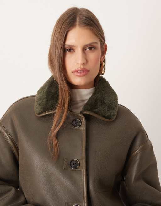 Mango reversible borg jacket in khaki, 4 of 4