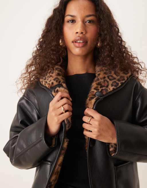 Mango reversible leopard faux fur jacket in brown | ASOS