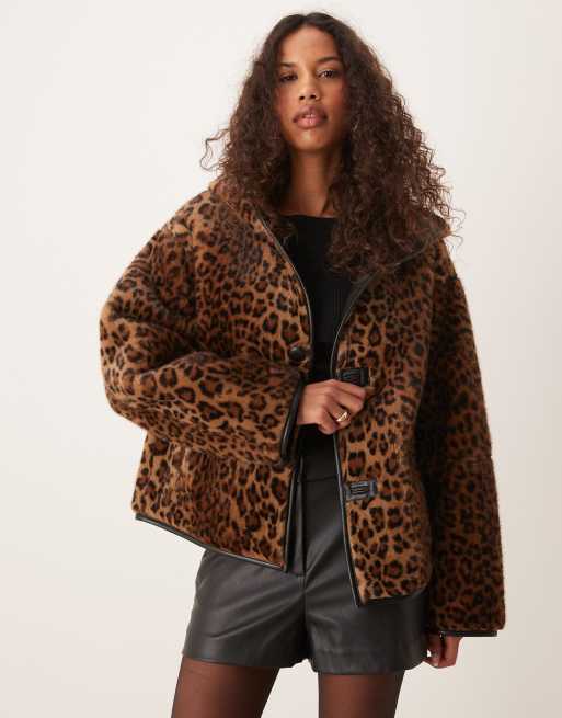 Mango reversible leopard faux fur jacket in brown, 3 of 4