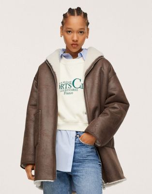 Mango reversible relaxed fit leather coat with shearling in brown