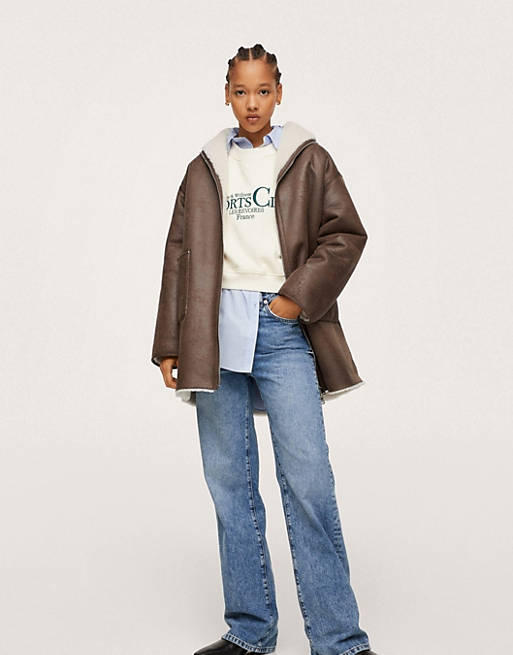  Mango reversible relaxed fit leather coat with shearling in brown 