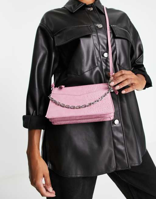 Mango revi croc shoulder bag with chain detailing in pink