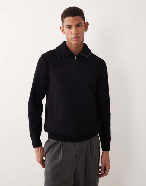 Mango rib knit chunky half zip sweater in black - view 1