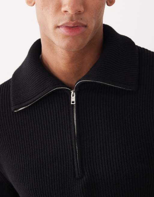 Mango rib knit chunky half zip sweater in black | ASOS